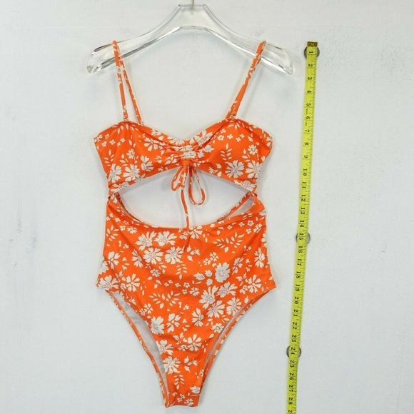 Women's Orange One Piece Swimsuit SMALL Floral Strappy Draw-String‎ Cut Out - Picture 5 of 11